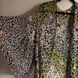 Chic Floral Women's Blouse in Black, White, and Yellow.  Lovely overlay coverup